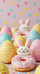 Obraz premium Whimsical easter celebration with bunny shaped cookies and colorful painted eggs