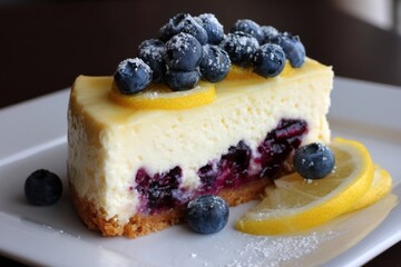 Lemon Blueberry Cheesecake Slice on white plate