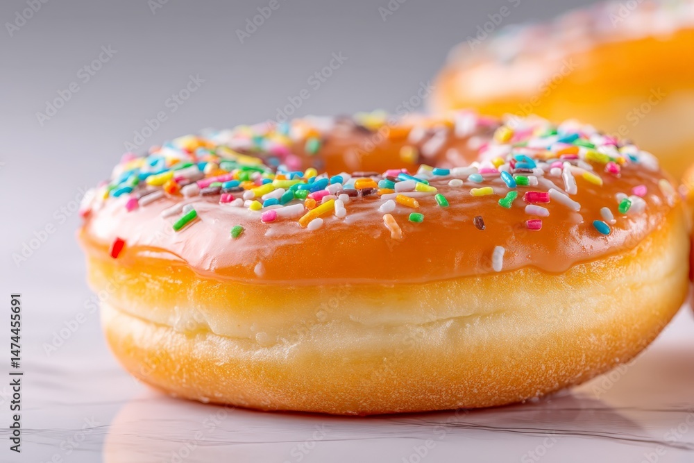 Poster freshly baked donut with colorful sprinkles displayed on a smooth counter during a bright morning