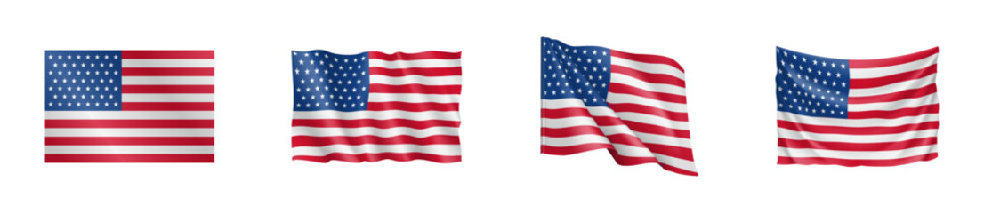 American flag waving realistic illustration collection.
USA national flag waves set
