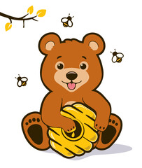 cheerful cartoon bear with a smiling face with beehive and honey, flying bees 