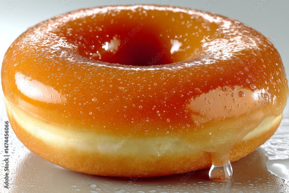 Poster delicious glazed donut dripping with caramel syrup on a reflective surface