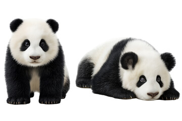 Fototapeta premium Two adorable panda bears, one sitting and one lying down