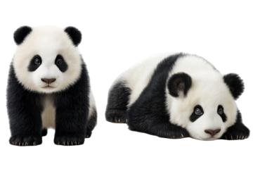 Two adorable panda bears, one sitting and one lying down