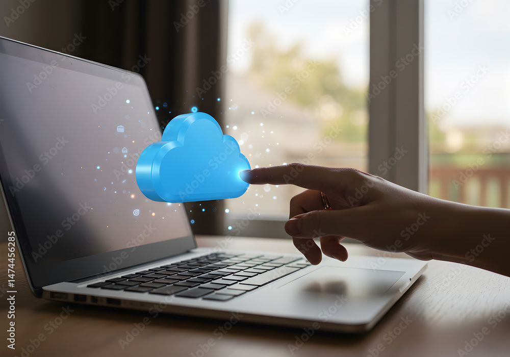 Poster cloud computing services and technology concept with laptop and data storage connection online