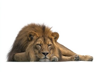 Obraz premium Majestic male lion rests on white background. Powerful, serene, golden fur.