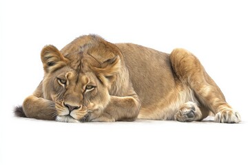 Obraz premium A lioness rests gracefully, her amber eyes gazing pensively. A serene moment captured.