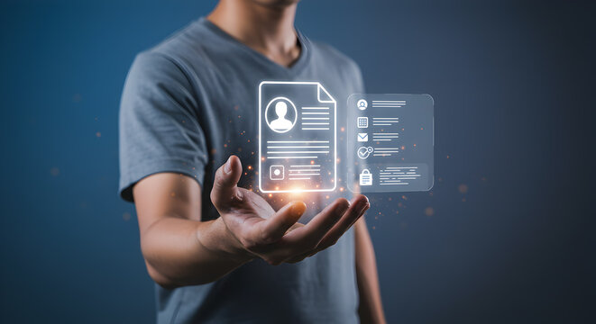 Digital profile management concept man holding virtual cv document online application process technology