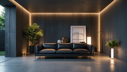 This image showcases a modern, comfortable living room interior with a fireplace, featuring stylish furniture, warm lighting, and contemporary home decor