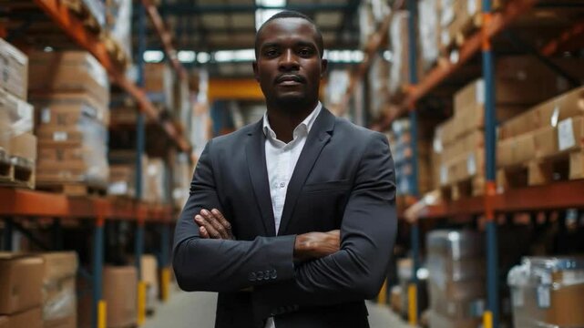 A serious black man in a warehouse wearing a white shirt and dark suit with crossed arms, overseeing a spacious logistics facility with stacked boxes.
