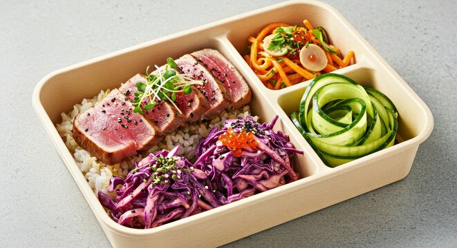 Modern-style seafood bento with seared tuna, microgreens, purple cabbage slaw, and spiralized cucumber