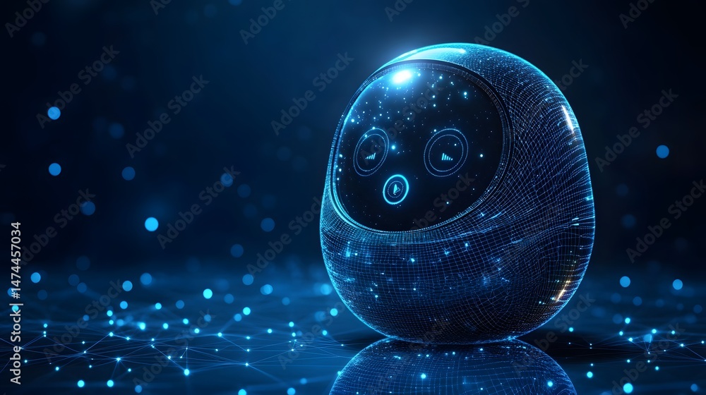 Aufkleber Futuristic smart speaker with a luminous blue wireframe design. Reflective surface mirrors the digital landscape of blue light points and data network. Abstract wireframe in dark blue.