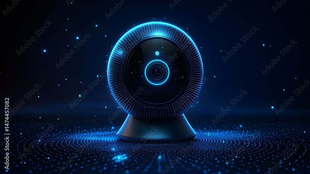 Aufkleber futuristic webcam on a blue digital surface. glowing blue particles enhance the high-tech aesthetic.