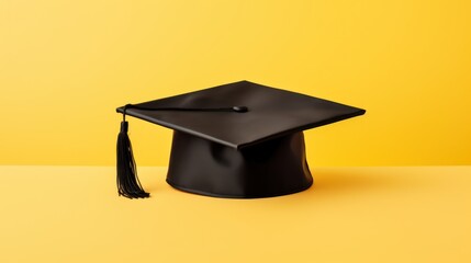 A black graduation cap with a tassel on a yellow background