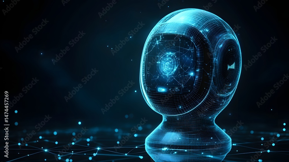 Poster futuristic smart home assistant concept. glowing blue wireframe design with digital interfaces in a 