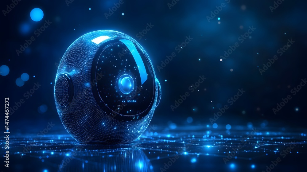 Poster Futuristic glowing blue sphere with internal wireframe structure. High-tech abstract design featuring light particles and a glossy finish. Abstract wireframe in dark blue.