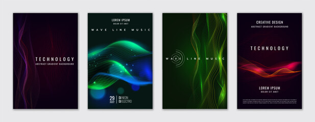 Design cover background. Blue tech dots on poster. Network flow particles. Cyber wavy 3D neural connect. Abstract flyer. Gradient lines. Music equalizer technology. Vector layout corporate banners set