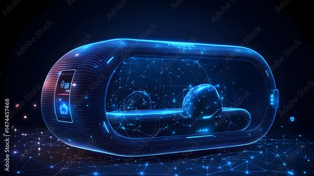 Poster Futuristic capsule with glowing blue wireframe, containing interconnected spheres. High-tech virtual reality concept with a network feel. Abstract wireframe in dark blue.