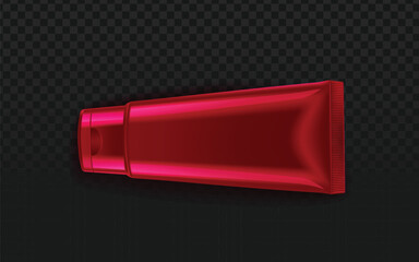Realistic vector graphic of a red tube with cap. Isolated packaging object perfect for cosmetic, beauty, health, cream, lotion, or mockup design projects. Transparent background.