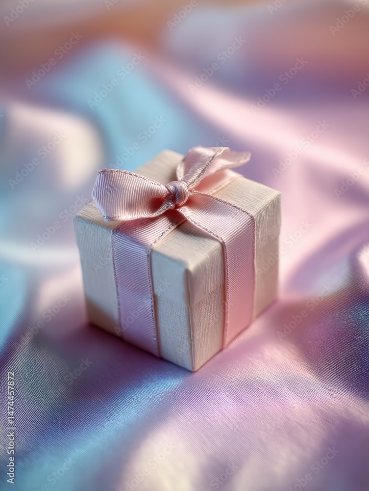 Poster delicate small present wrapped in soft pastel satin cloth with gentle light creating a serene atmosp
