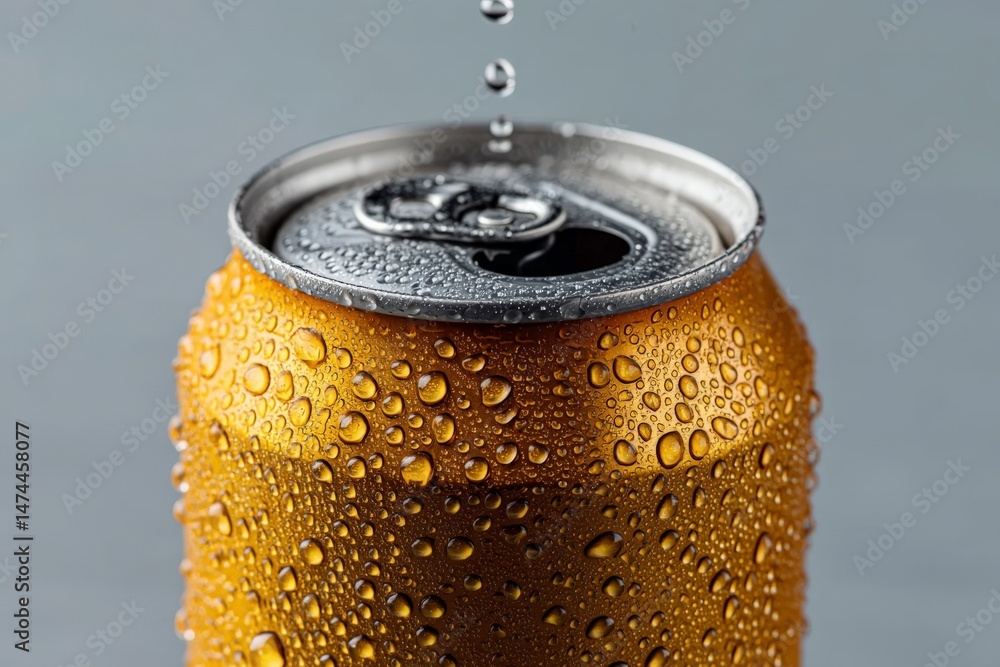 Poster cold beverage can with condensation on surface placed against gray background in creative setting
