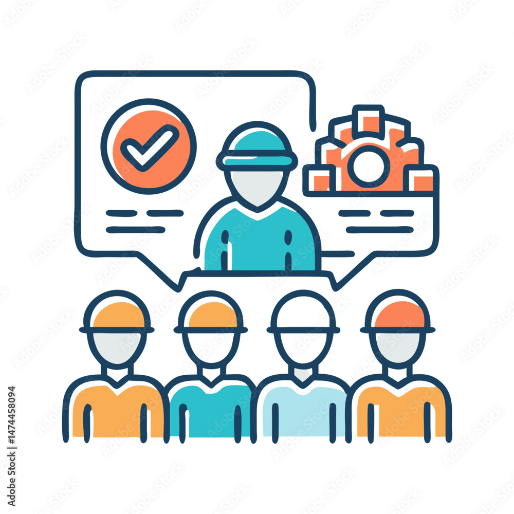 Poster vector illustration of a supervisor providing instructions to workers with checkmarks and tools