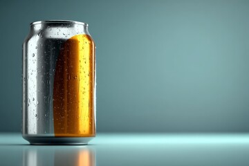 Realistic depiction of a chilled can with condensation on a reflective surface