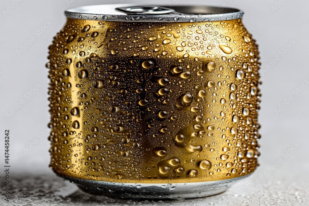 Aufkleber Refreshing can of sparkling beverage with condensation on a cool surface in a bright setting