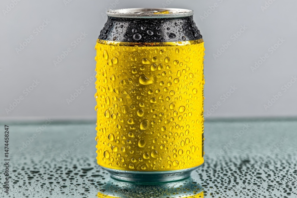 Poster Brightly colored soda can with droplets on surface in a reflection, showcasing freshness and thirst-quenching appeal