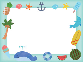 水彩タッチのかわいい夏のモチーフを散りばめた背景フレームイラスト