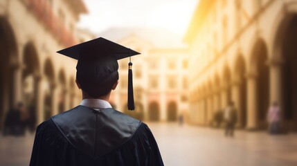 A man in a graduation gown standing in front of a university building with a cap and tassel on his head.