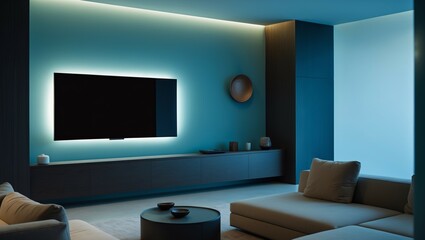 Modern living room interior with a cozy fireplace, flat-screen TV, and luxurious sofa, perfect for home cinema and comfortable living
