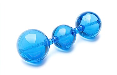 Three vibrant, translucent blue spheres connected by a thin rod.  Clear, smooth surfaces and rounded shapes create a visually appealing design.  The spheres vary slightly in size