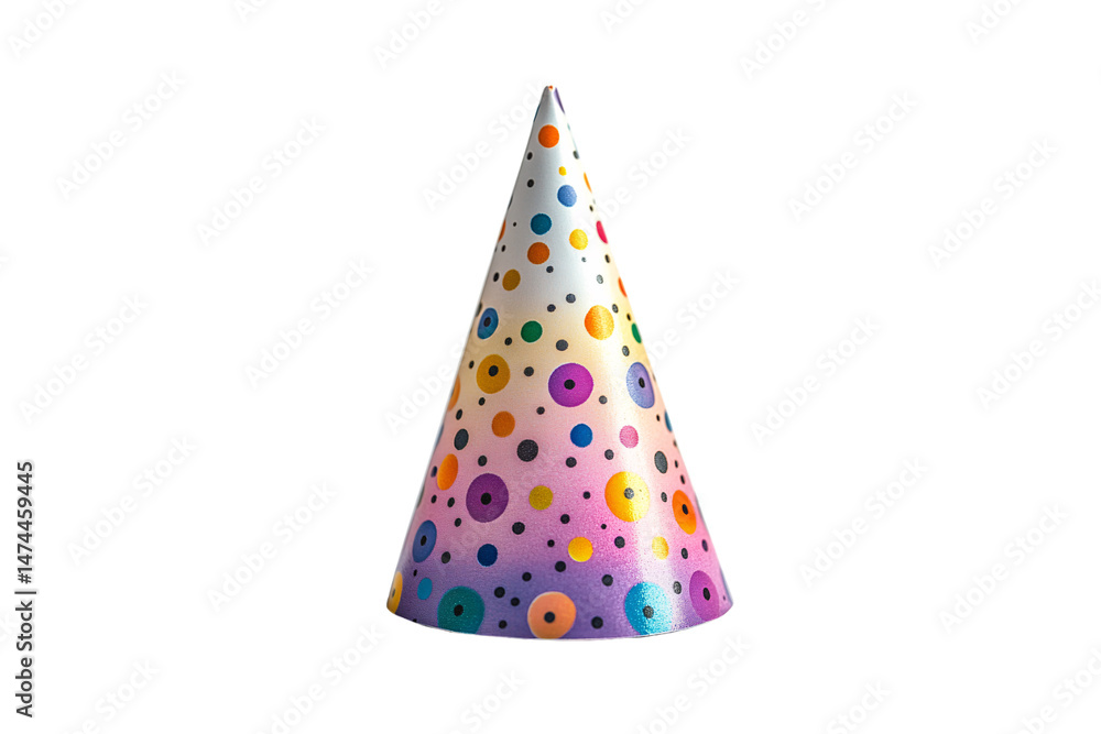 Poster Shiny cone hat with gradient rainbow colors and dense pattern of multicolored concentric circles, isolated on a transparent background