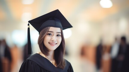 A young woman in a graduation gown standing in a blurred background with a diploma in her hand.
