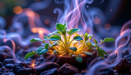 Obraz premium a magical herb bathed in a soft, luminous glow, surrounded by mist and light reflections.