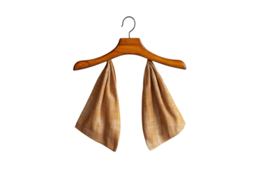 Wooden hanger with soft brown fabric draped over both sides, elegant and vintage in style, isolated on a transparent background