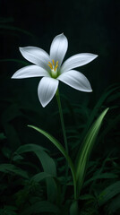 Fototapeta premium A pristine white lily flower with delicate petals and a vibrant yellow stamen gracefully emerges from the shadowy depths of a lush, verdant garden setting.