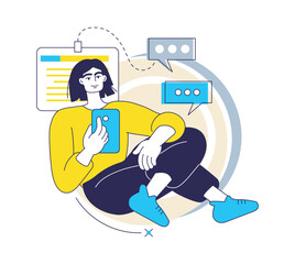 Content creation. Social media blogger. Online communication. Web blogging. Digital SMM technology. Mobile messenger. Young woman chatting with smartphone. Phone user. Internet message. Vector concept