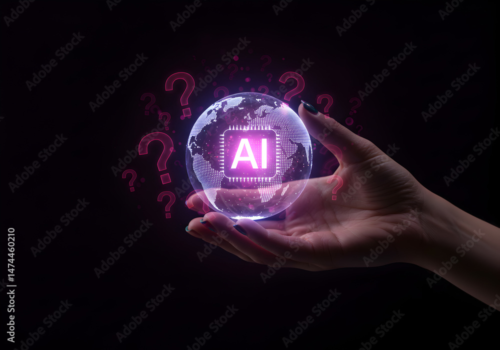 Poster ai artificial intelligence technology concept hand holding globe with ai chip and question marks aro
