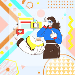 Content creation. Social media girl blogger. Online communication. Likes and comments. Favorite internet influencer. Web blogging. Subscribers hearts. Abstract shapes. Vector creative geometric banner