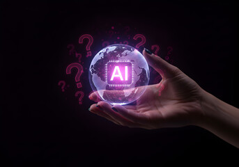 Ai artificial intelligence technology concept hand holding globe with ai chip and question marks around it