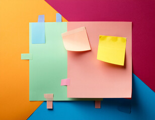 minimalist colorful background with blank sticky note and paper