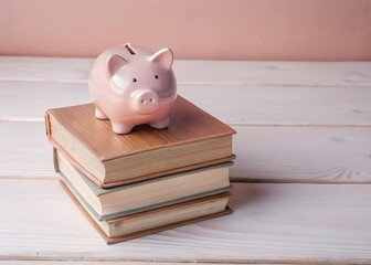 Aerial View: Piggy Bank & Stacked Hardback Books - Savings & Education Concept