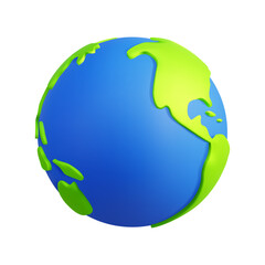 Green Earth. 3d globe icon, Round world map, blue oceans, continents and islands, planet in space, render isolated cartoon object. South and northern America, vector modern isolated illustration