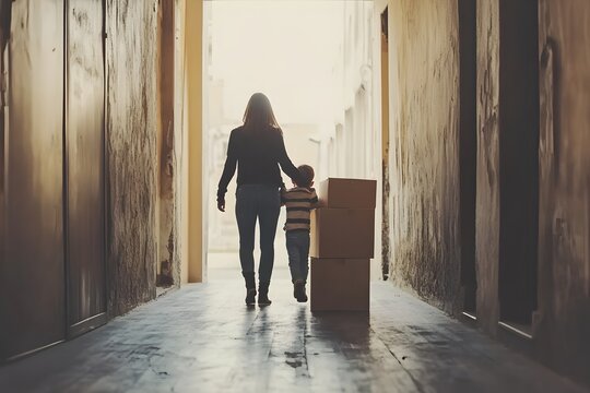 Mother and Son Moving Boxes Down Alleyway