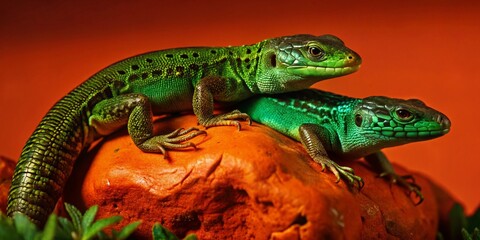 Fototapeta premium Agile Lizard Mating, Lacerta Agilis Reptile Coupling, Wildlife Nature Photography