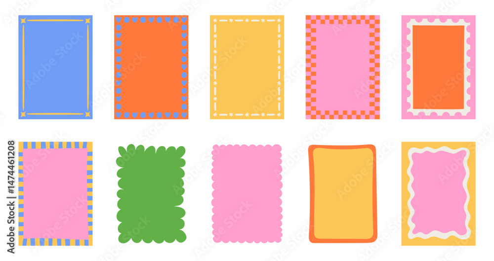 Fototapete Vector simple minimal backgrounds  in brigh bold colors, simple wavy and groovy naive style, abstract simple hand drawn design templates, frames and borders for cards and prints