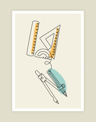 School stationery card. Students education. Continuous line icon. Math compass. Rule and protractor. Doodle drawing. Geometry lesson supplies. Engineering tools. Vector outline minimal graphic poster