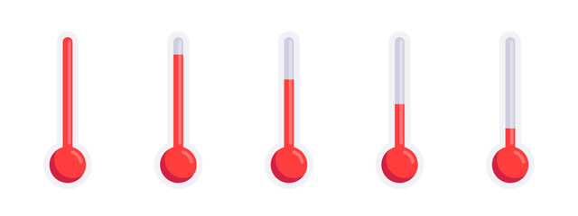 Thermometer vector set. Temperature illustrations. Heat measurement scale realistic collection.